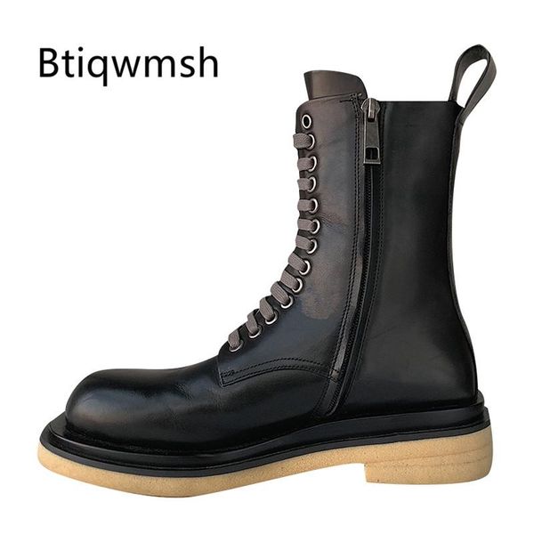 

boots black real leather women round toe lace-up side zipper thick bottom motorcycle woman fashion ankle