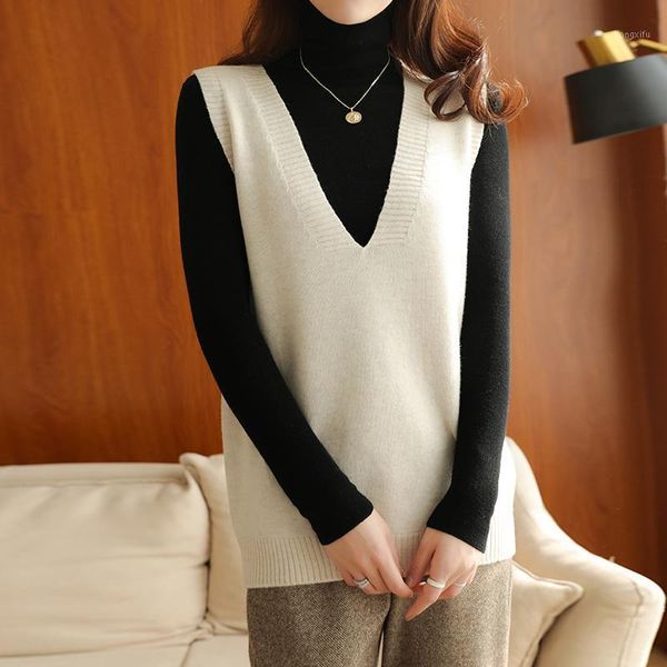 

casual loose v-neck vest 2020 ladies knitted sleeveless sweater coat cashmere wool vest pullover 4 colors long gauge1, Black;white