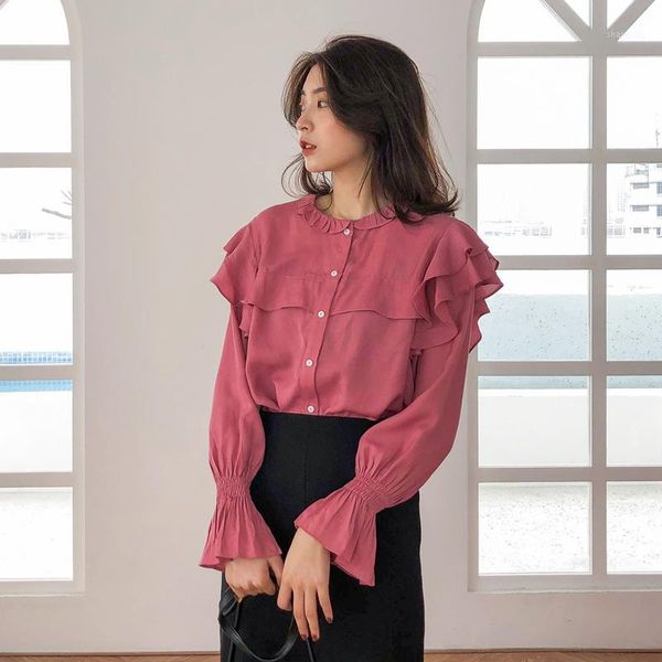 

chiffon blouse women's spring loose ruffle panel round neck with all kinds of foreign style blouses1, White