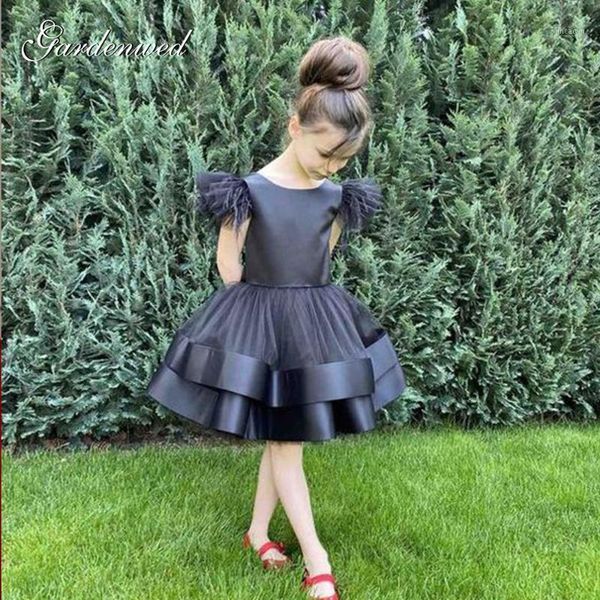 

puffy satin layers cute girl wedding dresses kids bow sashes flower girl dresses tulle feather sleeves celebrity vestido1, Red;yellow