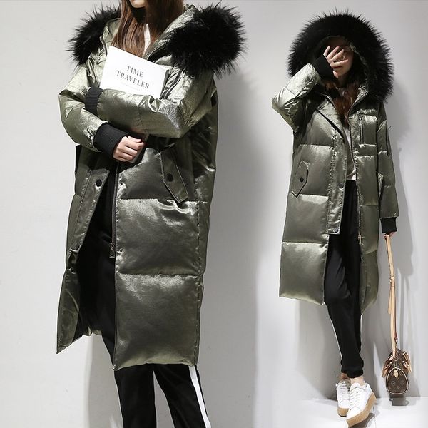 

fitaylor winter jacket women white duck down big fur collar hooded long velour parkas coat female slim snow outerwear y200107, Black