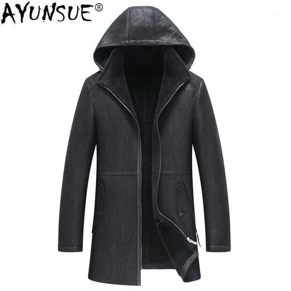 

ayunsue genuine leather jacket long winter jacket men natural wool fur coat sheepskin leather sf-21816 my7601, Black