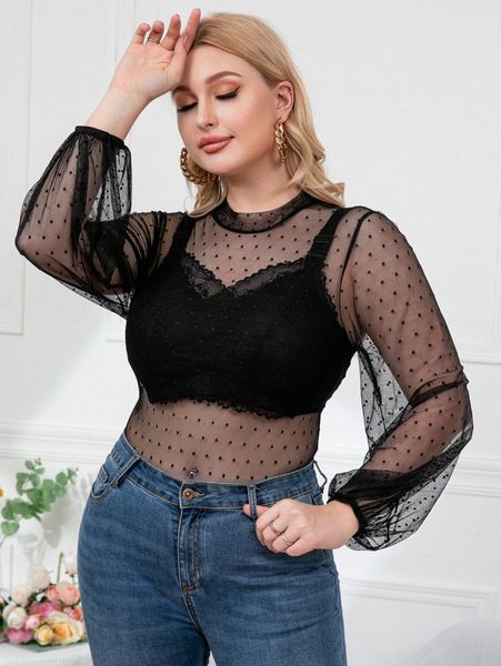 

plus dobby mesh bodysuit without bra w8fm#, Black