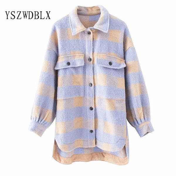 

woman jackets 2021 new spring autumn loose plaid turn-down color long sleeve shirt coats casual thick outerwears korean coat, Black;brown