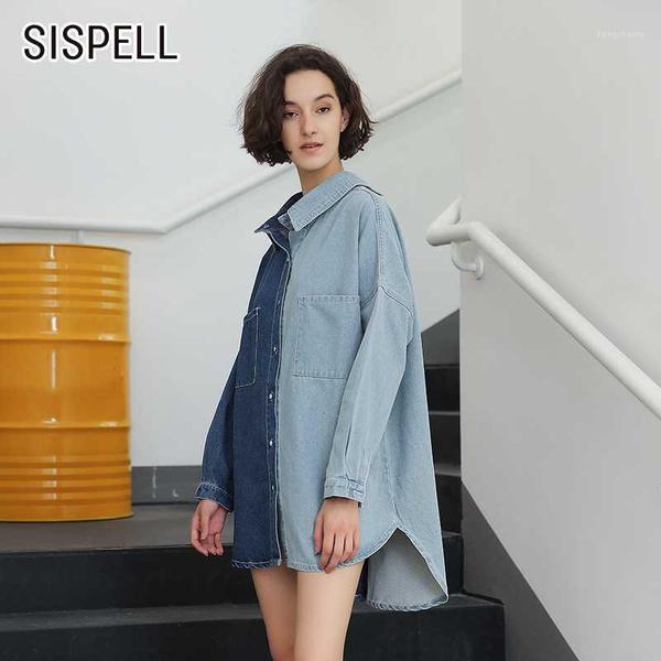 

sispell hit color for female blouse shirt lapel collar long sleeve loose women's casual denim shirts 2020 fashion autumn new1, White
