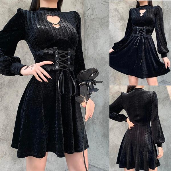 

autumn and winter ladies fashion retro waist strap zipper dress gothic slim solid color long sleeve dress 2021, Black;gray