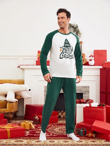 

men christmas tree & slogan graphic pj set p6pc#, Black;brown