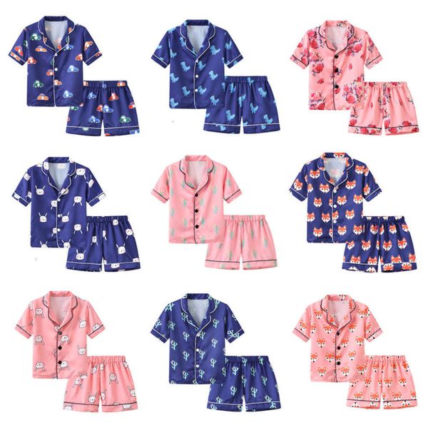 

wear summer new children's pajamas home short sve shorts set men's and women's baby air conditioning cardigan thin, Blue;red
