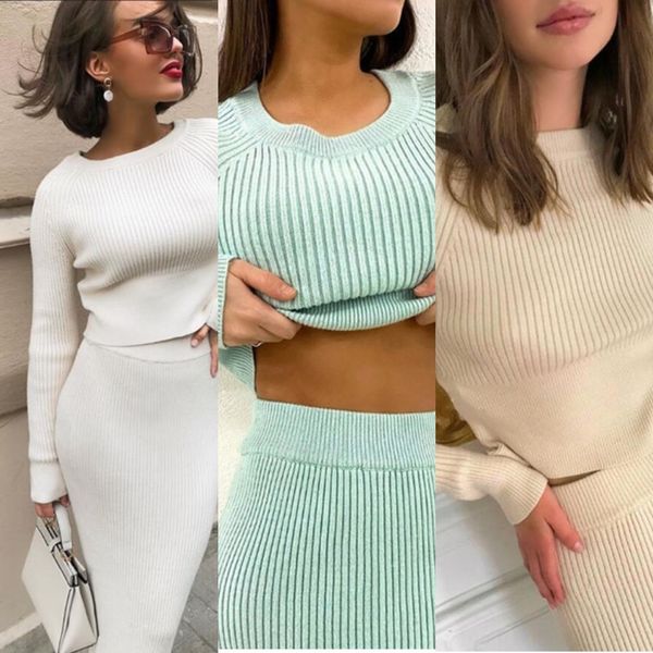 

autumn and winter new 2020 fashion casual slim fit irregular pure color knitted skirt two piece sweater sweater set wyby4, White;black