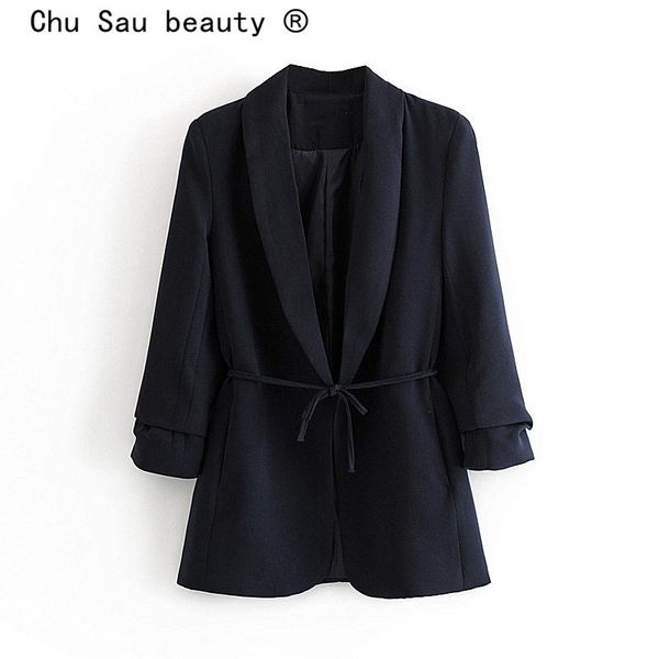 

chu sau beauty casual chic vintage loose solid blazers women office lady bow sashes outerwear sleeve fold coat chaqueta mujer, White;black
