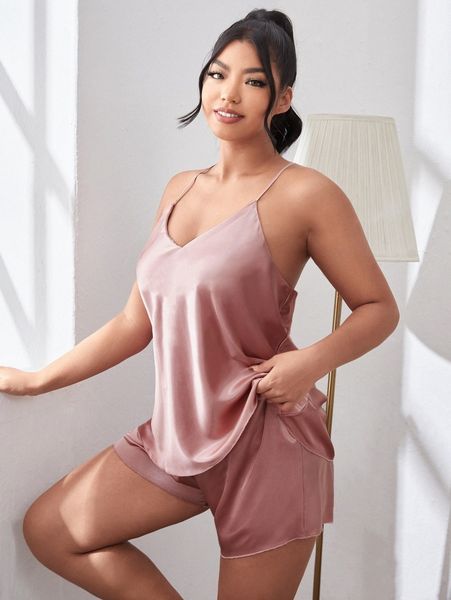

plus solid satin pj set 609s#, Black;white
