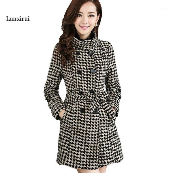 

autumn winter women windbreaker coat black white houndstooth plus size self-cultivation coat women lanxirui1, Tan;black