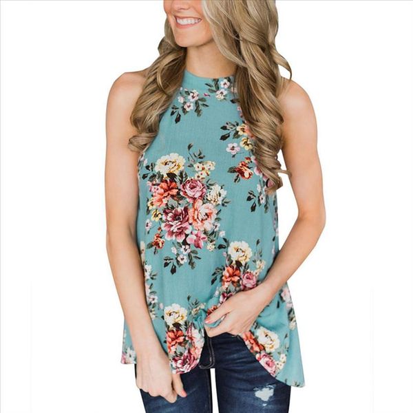 

fashion womens boho style sleeveless chiffon halter blouses floral printed beach shirts backless slim blusas summer, White