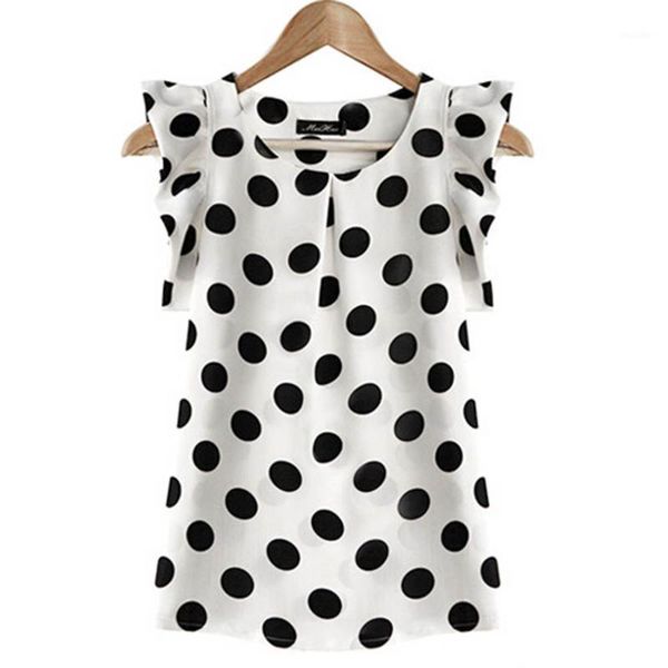 

fashion girl dots blouse woman casual chiffon shirt sleeveless ruffle sleeve shirt summer black white1, White