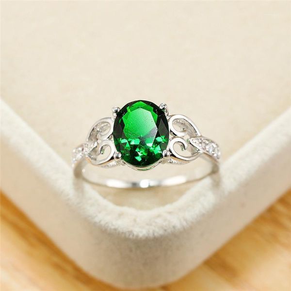 

wedding rings vintage female green crystal stone ring classic silver color thin engagement for women luxury oval hollow ring1, Slivery;golden