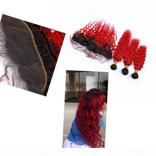 

ombre малазийский дева связка человеческих волос и закрытие 13" * 4" dark root # 1b #red глубокой волны волосы пучки ombre закрытие, Black;brown