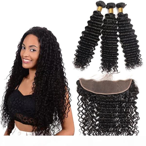 

deep wave brazilian hair weave 3 bundles with closure remy human hair and 1pc 13x4 lace frontal closure brazilian peruvian indian hair, Black;brown