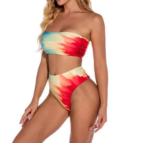 

women's 2021 women swimwear print color tube strappy bikini padded bra straps high waist swimsuit, White;black