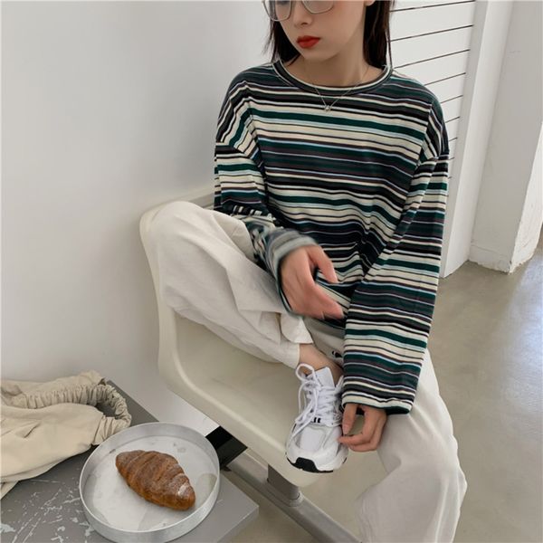 

осень 2020 новые модули корейской leisurestyle футболка цвет завиток потерять crew neck с длинным рукавом футболки для женщин lfjex, White