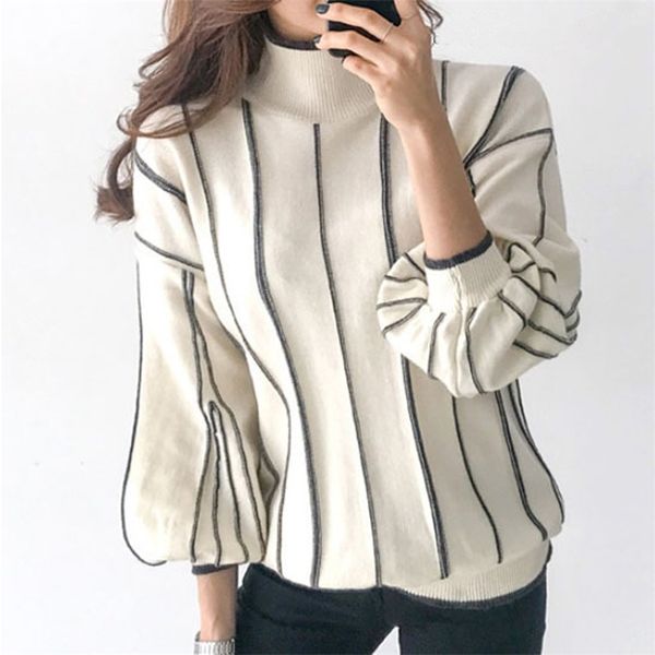

turtleneck knitted sweater women elegant ol clothes white striped pullovers loose female high neck causal jumper pull 201225, White;black