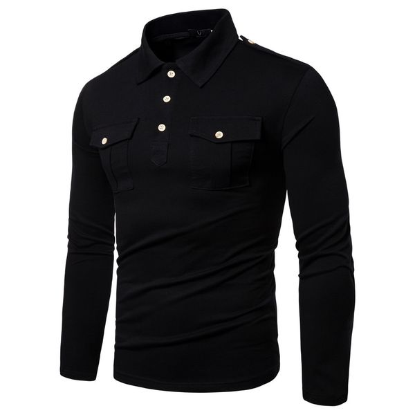 

2021 new men autumn winter long sleeve breast pockets polo shirt mens fashion work clothes pqtt, White;black