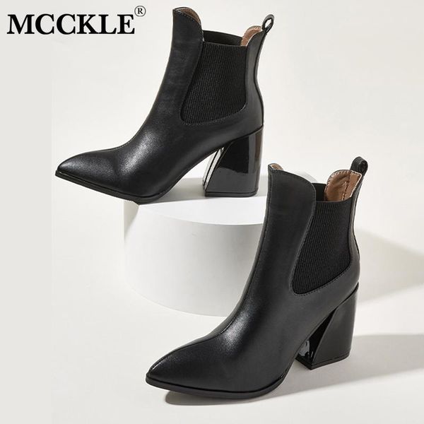 

mcckle women slip on pointed toe ankle boots ladies sewing pu leather square heels shoes female fashion casual boot woman new, Black