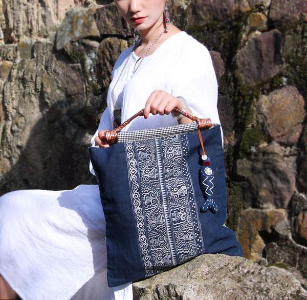 

original blue dyed women bags hand painted bag batik bamboo cotton handbags
