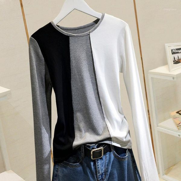 

long-sleeved t-shirt women 2020 color matching design sense contrast bottoming shirt 10141, White