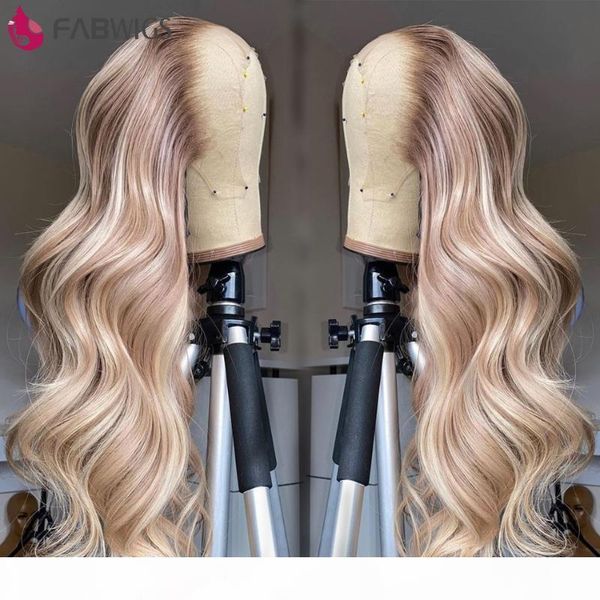 

fabwigs lemi color p27 613 balayage wig 13x6 lace frontalwig pre plucked highlight human hair wig ombre blonde lace frontal, Black;brown