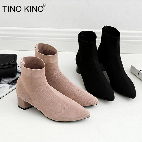 

boots women knitting elastic autumn sock square middle heels female pointed toe short boot ladies casual fashion shoes1, Black