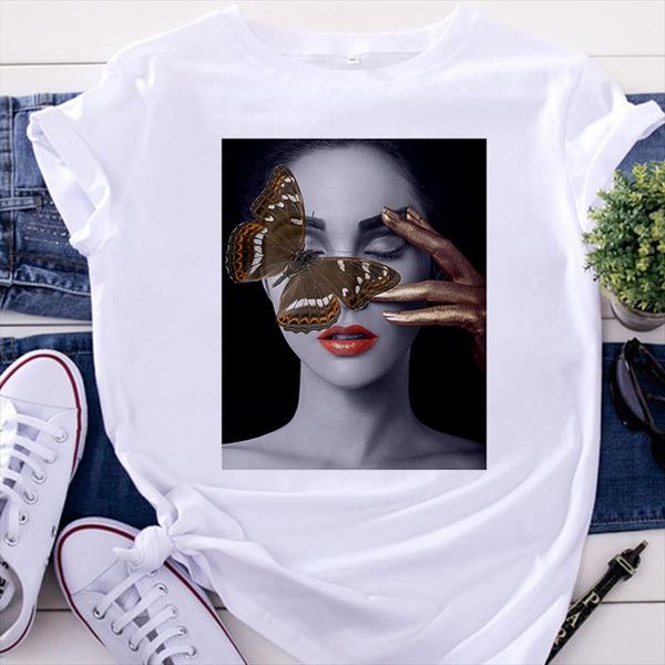 

nordic retro art butterfly beauty printed womens t shirts streetwear tshirt o neck t shirt clothing harajuku short sleeve tee, White