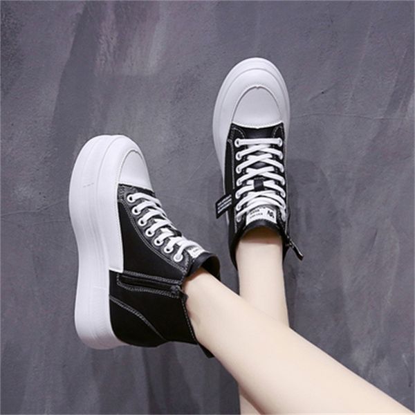 

new women's 2021 thick leather fashion increase black white shoes wx9f