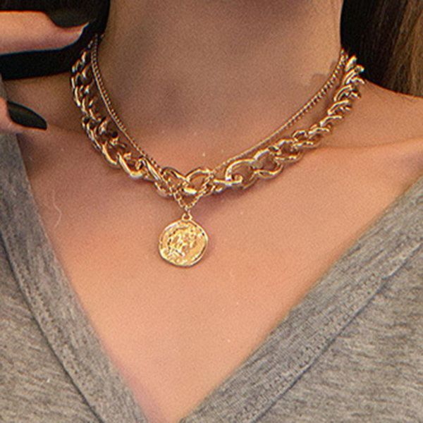 

vintage punk thick chain round coin figure pendant necklace for women double layer geometric clavicle necklace jewelry yn1456, Silver