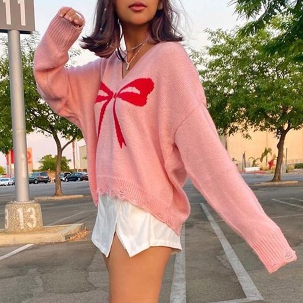 

women long sleeve v-neck ribbed trim sweater sweet bow print jumper crop top, White;black