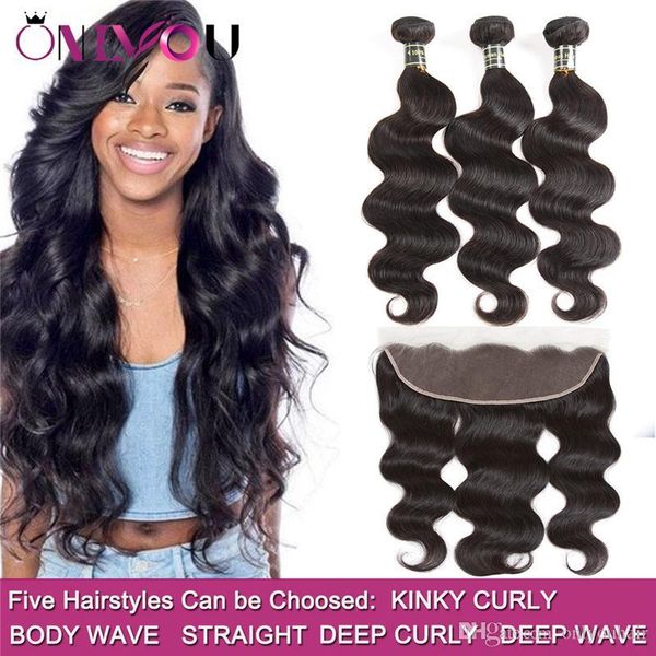 

peruvian virgin hair bundles with closure deep body wave human hair weave 3 bundles and 13x4 lace frontal closure water wave kinky curly, Black;brown