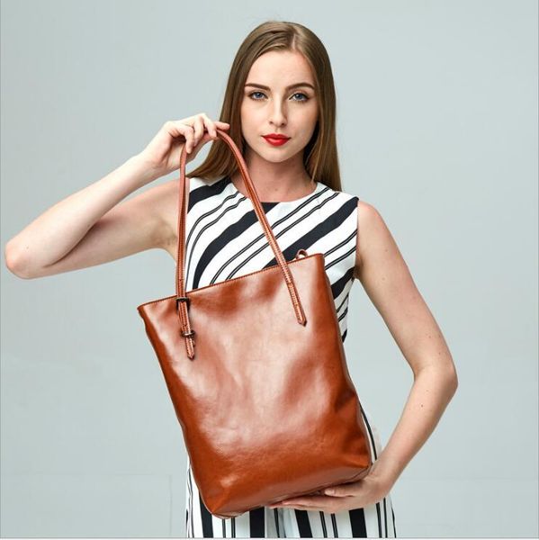 

women's genuine cowhide leather handbag women shoulder bag luxury oil wax bucket bag fashion crossbody handbags