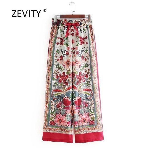 

women vintage national red totem floral position print high waist wide leg pants chic bow tied elastic waist long trousers p072 201109, Black;white