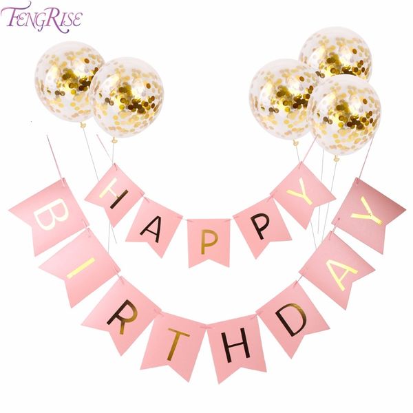 

fengrise pink happy gold confetti balloons letter banner birthday decorations girl boy kids party favors