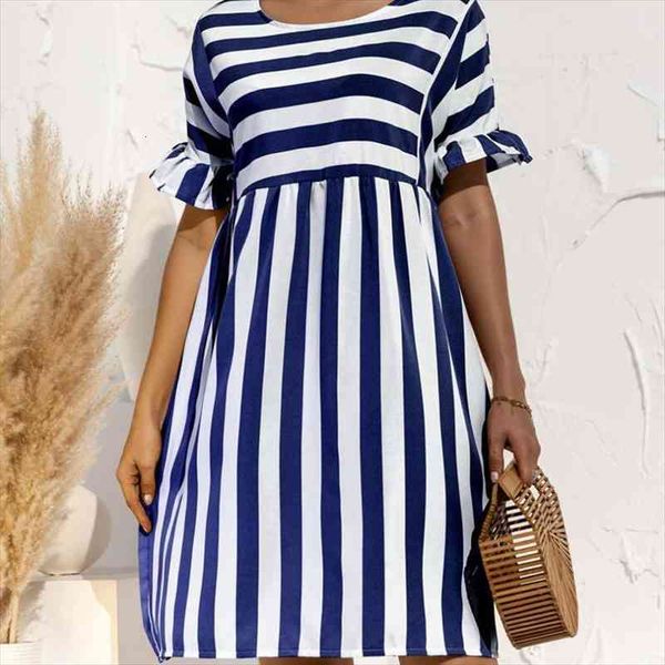 

women elegant ruffle sleeve striped patchwork a line dress summer casual high waist o neck loose dress beach wear, Black;gray