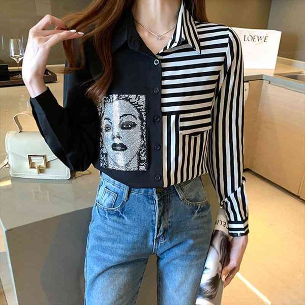 

fashion iron diamonds women blouses spring patchwork striped shirts blouse long sleeve blusas mujer, White