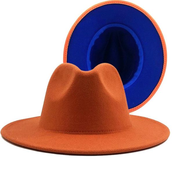 

wide brim hats simple outer orange inner blue wool felt jazz fedora with thin belt buckle men women panama trilby cap 56-58-60cm, Blue;gray