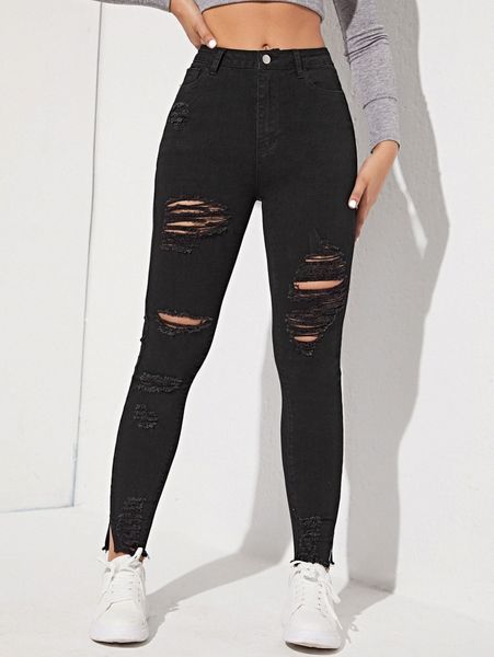 

ripped raw cut split hem skinny jeans 90qq#, Blue