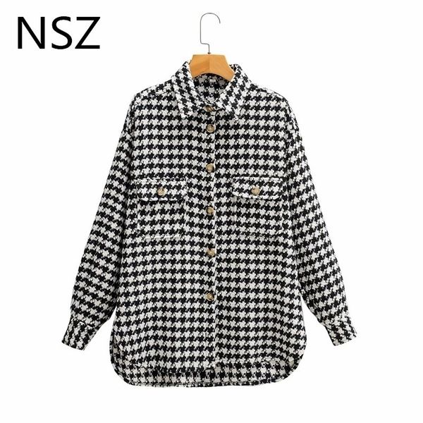 Nsz mulheres preto e branco houndstooth oversized tweed jaqueta de lã mistura camisa xadrez casaco verificado overshirt vestuário outerwear 201120