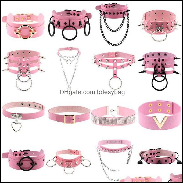 

chokers necklaces & pendants jewelry 2022 goth pu leather for women spike rivet collar studded choker link chains body cute girls drop, Golden;silver