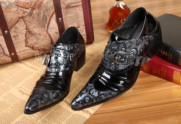 

spring new men's fashion fold dress shoes plus size 46 gold sliver skull oxfords punk style men nightclub party shoes, Black