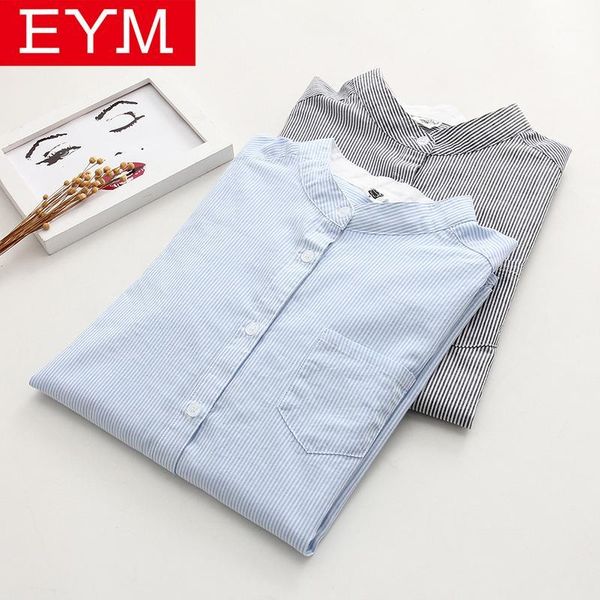 

women blue striped shirt 2020 autumn new eym brand female cotton stand collar long sleeve casual blouses loose lady shirts 1, White