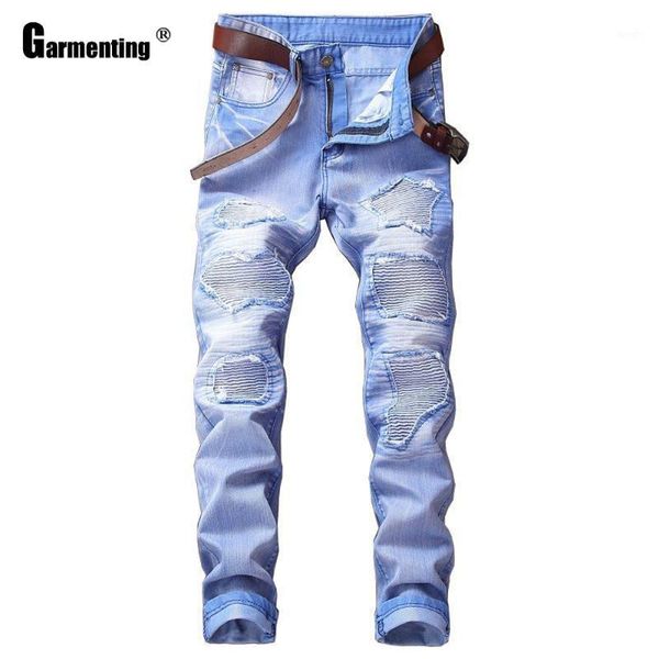 

garmenting men jeans straight demin pants male fashion ripped pants streetwear patchwork casual frayed jeans bottom mens trouser1, Blue