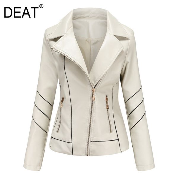 

[deat] pu leather jackets women full sleeve zipper lapel collar striped moto biker slim new autumn fashion tide am744 201029, Black;brown