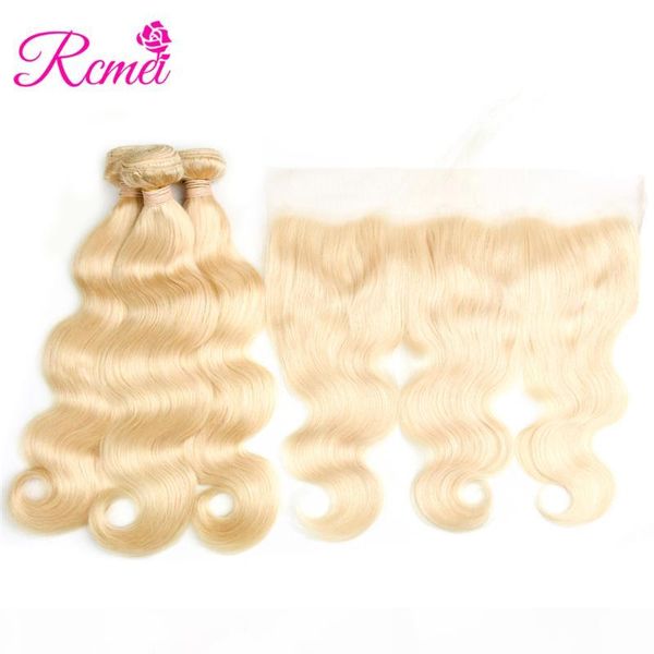 

613 blonde brazilian body wave bundles with 13*4 lace frontal 4 pcs deal 8-30 inch long length blonde hair weaving rcmei hair, Black