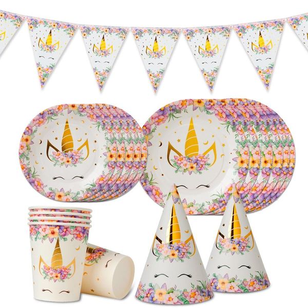 

fengrise disposable plate cup hat tableware unicorn birthday party supplies decor baby shower